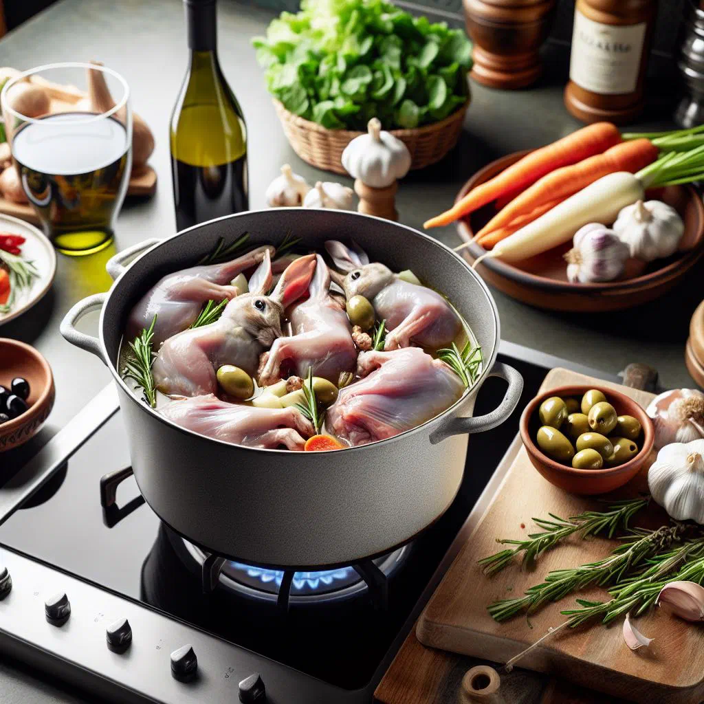 Braised rabbit with white beans, black olives and fresh herbs in a rustic pot