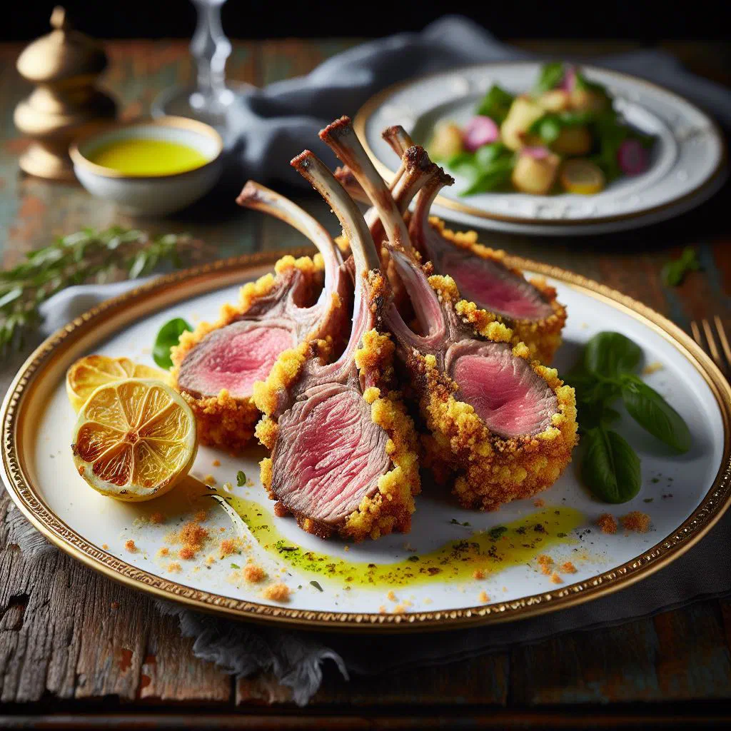 Golden breaded lamb cutlets served with lemon wedges