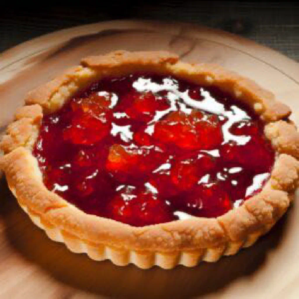 Golden crostata with a lattice top over fruit jam filling