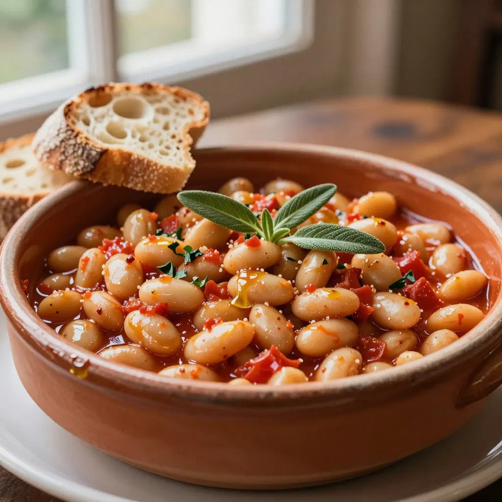 Tuscan white beans in tomato and sage sauce served in a rustic bowl