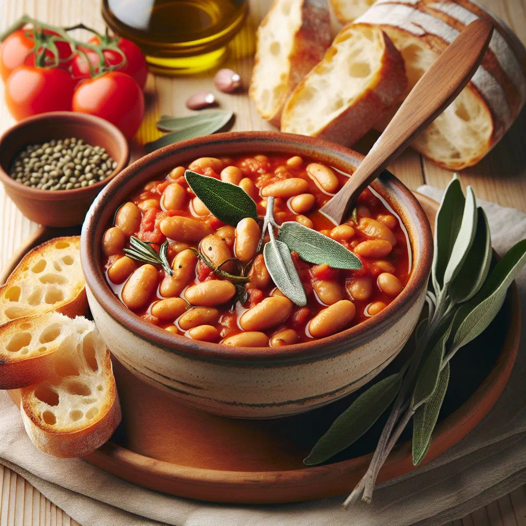 Tuscan white beans in tomato and sage sauce served in a rustic bowl