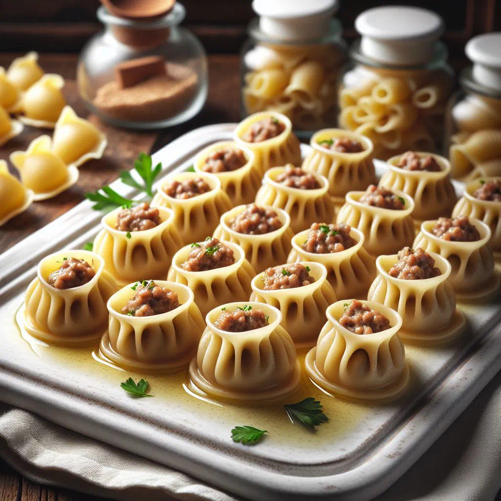 Fagottini di carne pasta parcels filled with minced meat, served with sauce