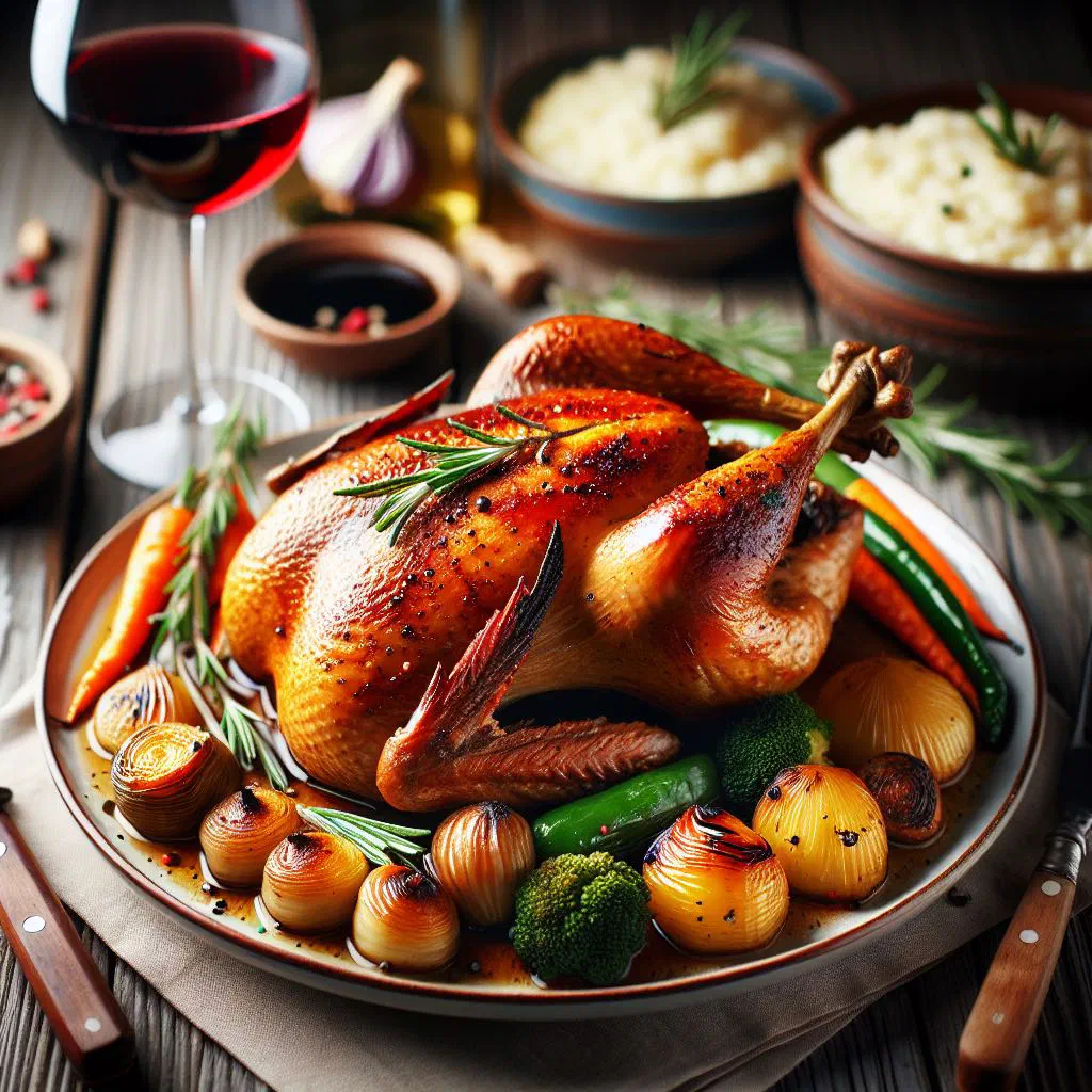 Golden roast chicken with rosemary, lemon, potatoes and carrots in a baking dish