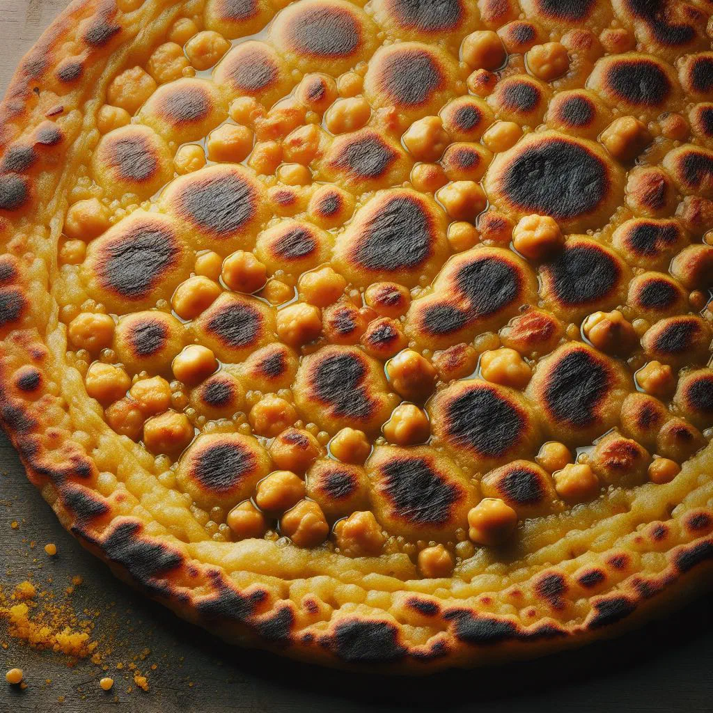 Golden chickpea farinata with a crisp crust, sliced into wedges
