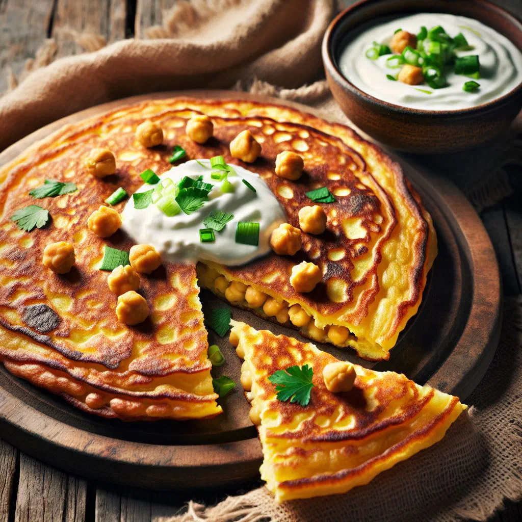 Golden, crisp-edged farinata chickpea pancake on a wooden board