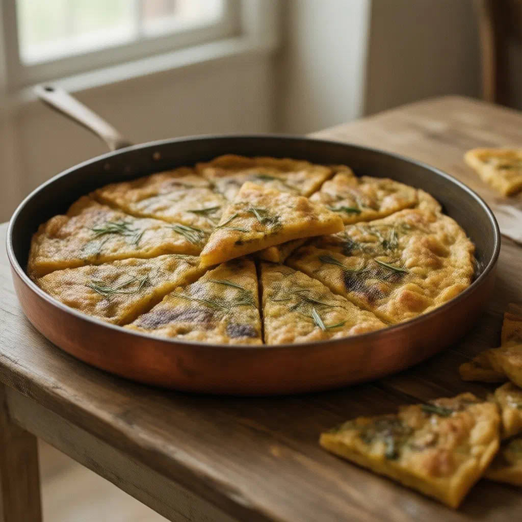 Golden, crisp-edged farinata chickpea pancake on a wooden board