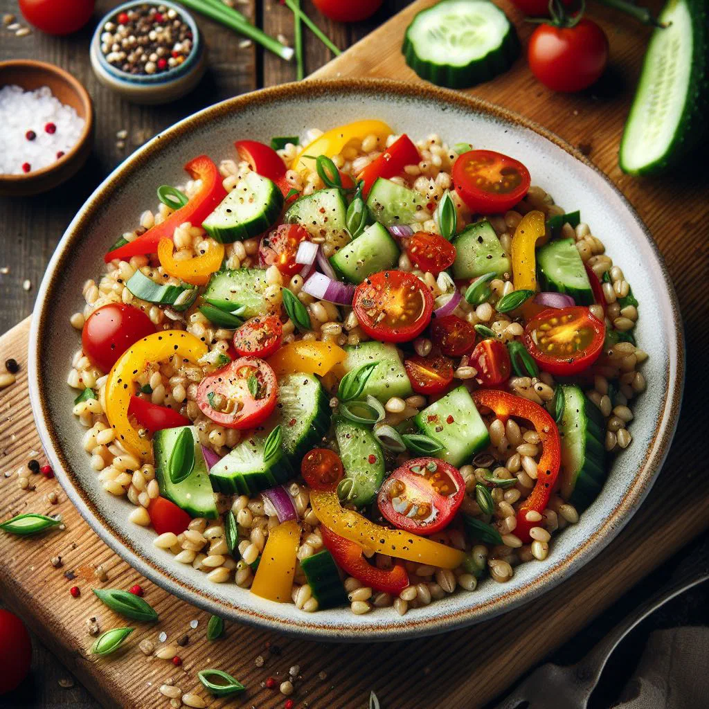 Farro salad with cherry tomatoes, courgette and fresh herbs in a bowl