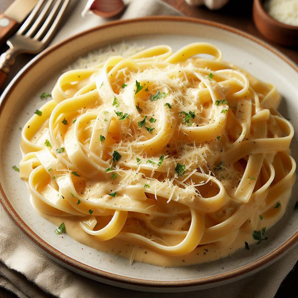 Creamy fettuccine Alfredo tossed with butter and Parmesan, finished with black pepper