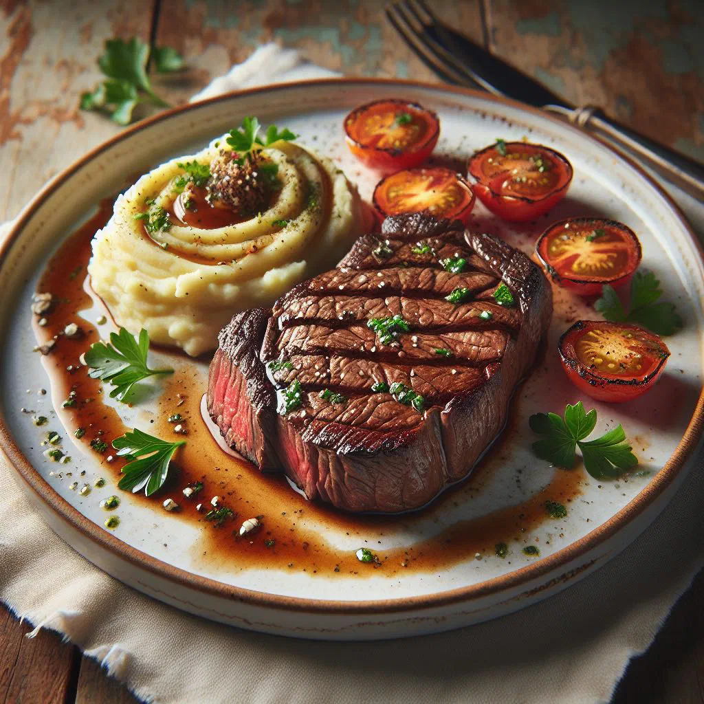 Pan-seared beef fillet with rosemary and garlic on a plate