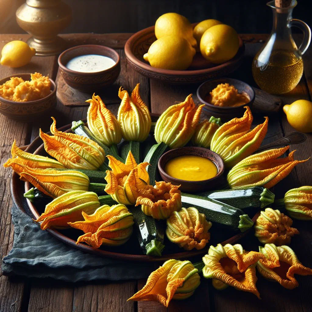 Golden deep-fried courgette flowers stuffed with ricotta on a plate