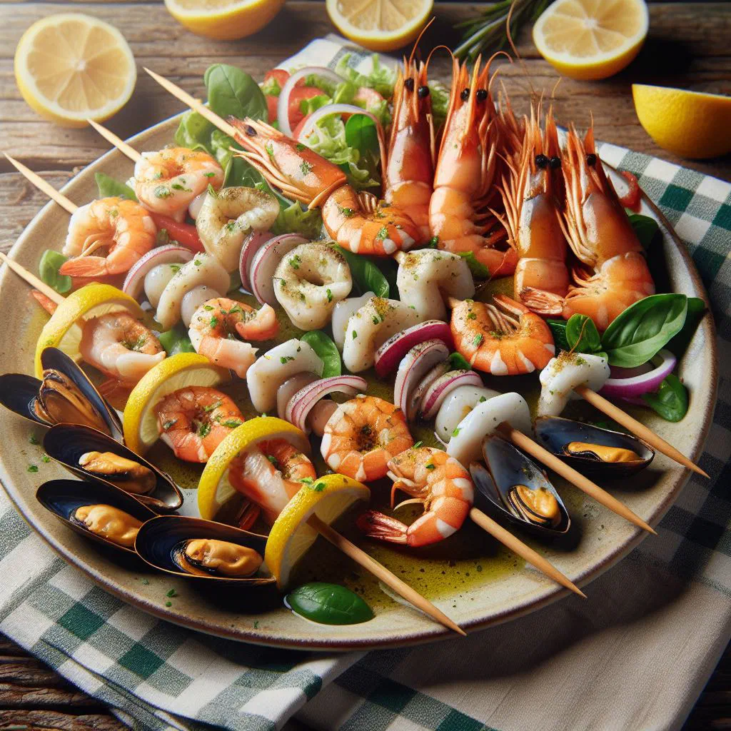 Grilled fish skewers with courgette, peppers and red onion on a platter