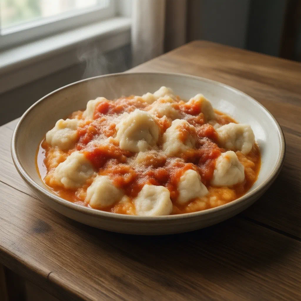 A bowl of creamy frascarelli garnished with fresh herbs and grated cheese