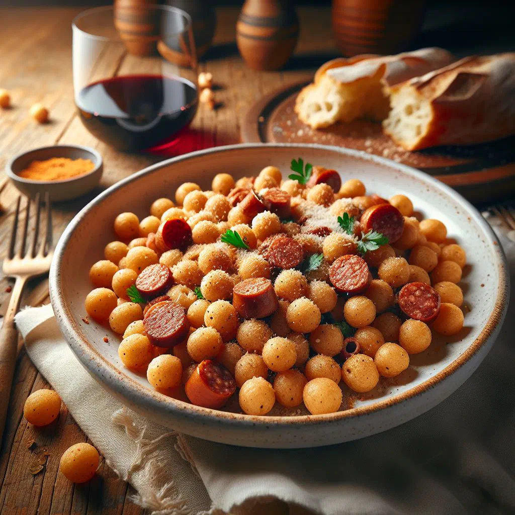 Fregola con salsiccia in a pan, garnished with fresh parsley