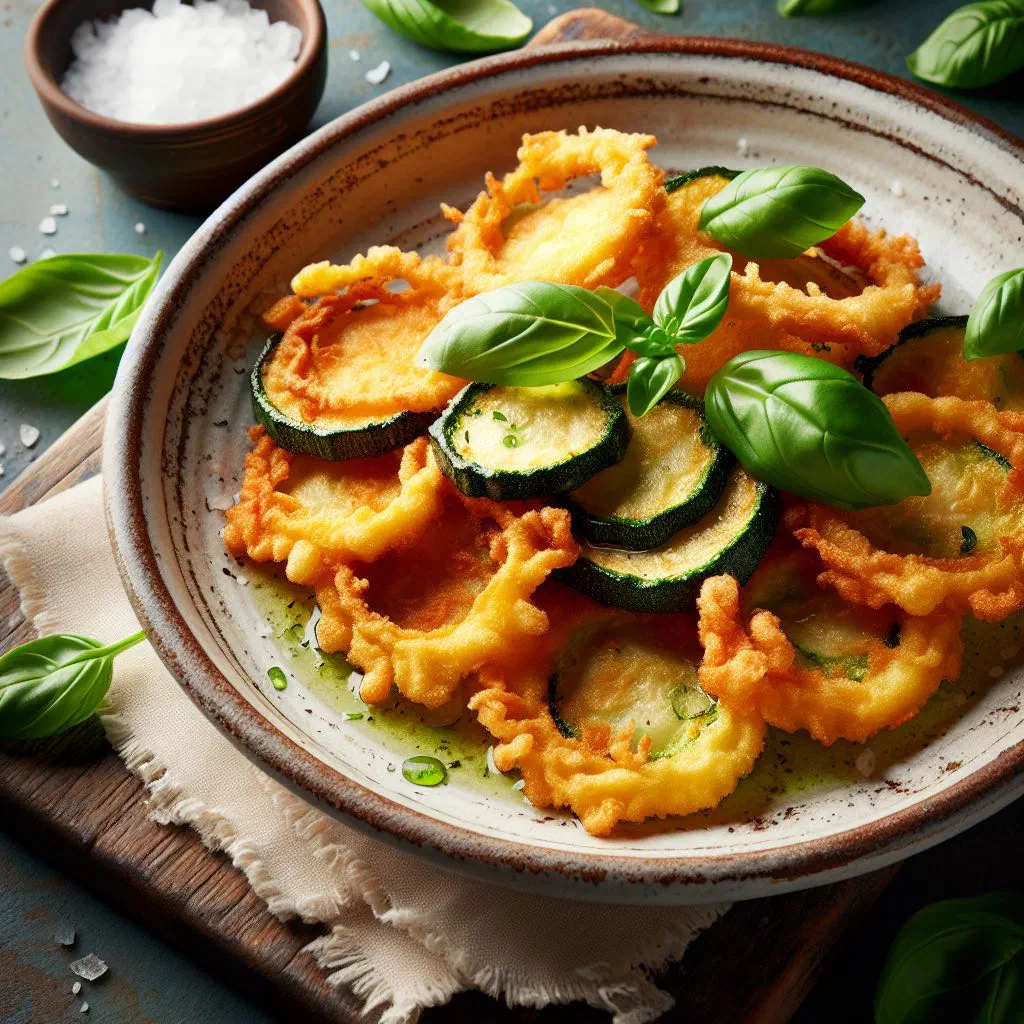 Golden fried courgette slices piled on a plate with fresh herbs