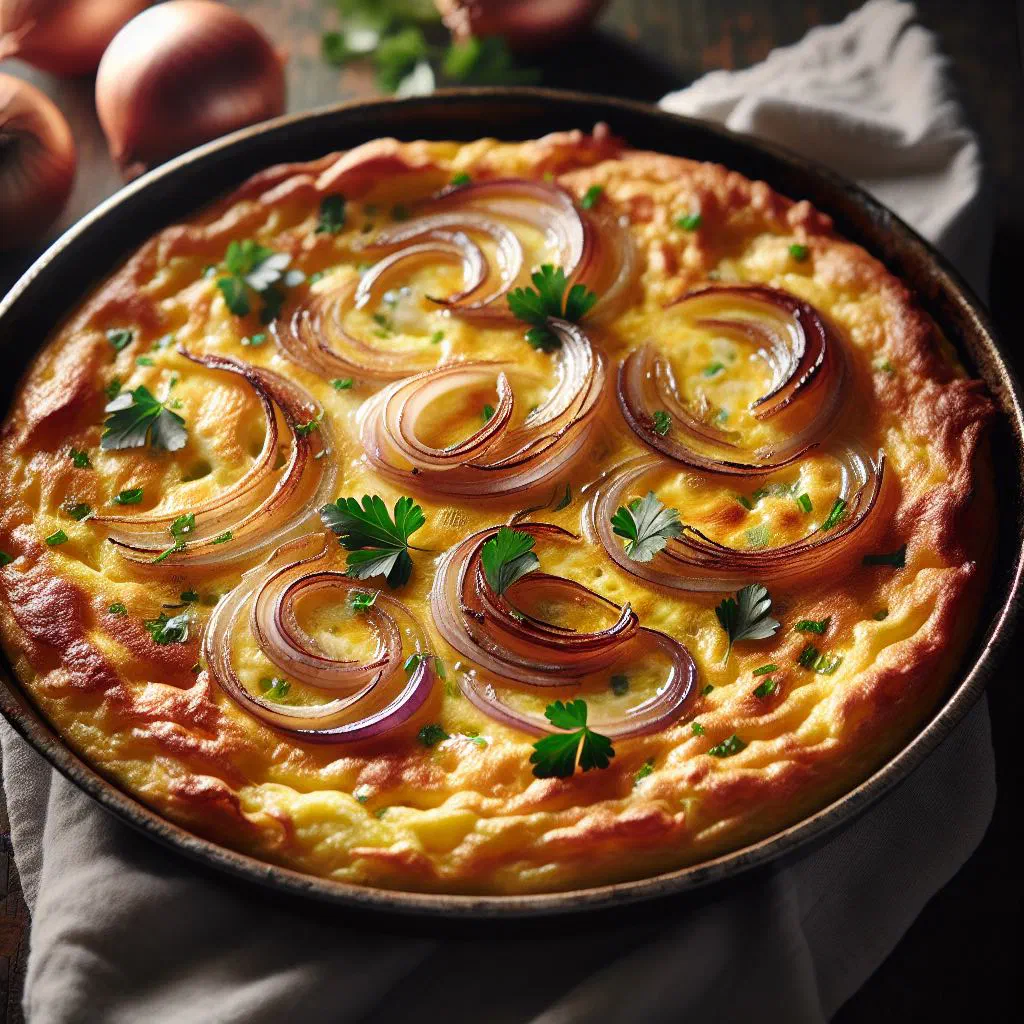 Golden onion frittata sliced into wedges and garnished with fresh herbs