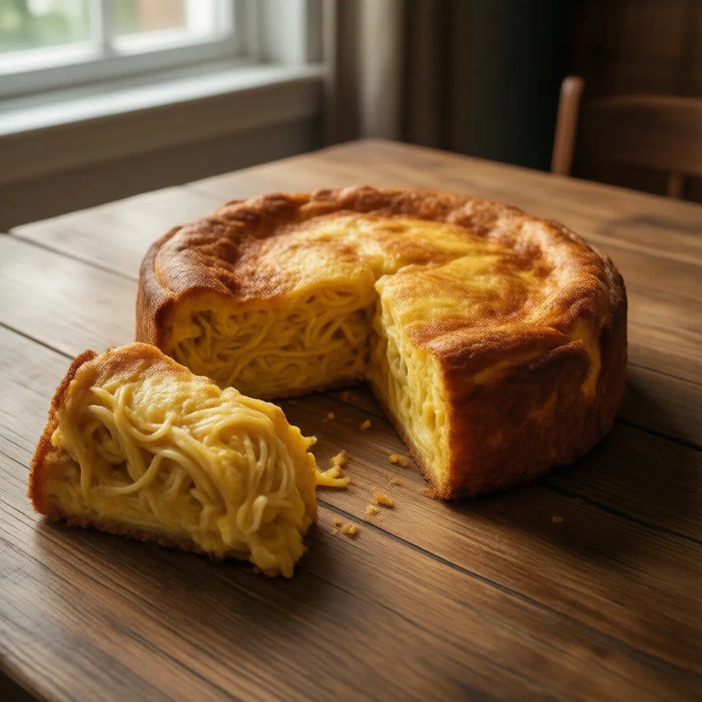 Golden pan-fried frittata di pasta sliced into wedges and garnished with herbs