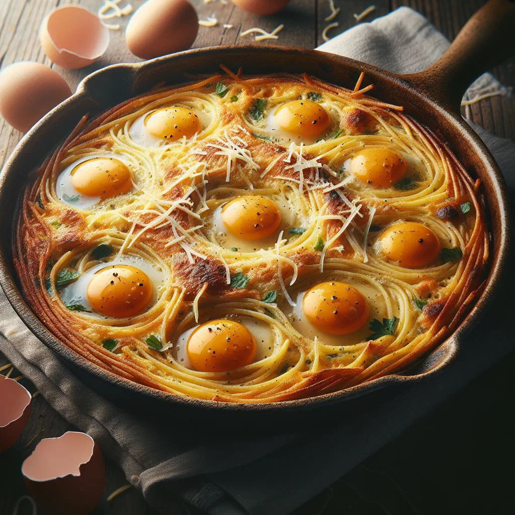 Golden frittata di spaghetti sliced into wedges on a plate