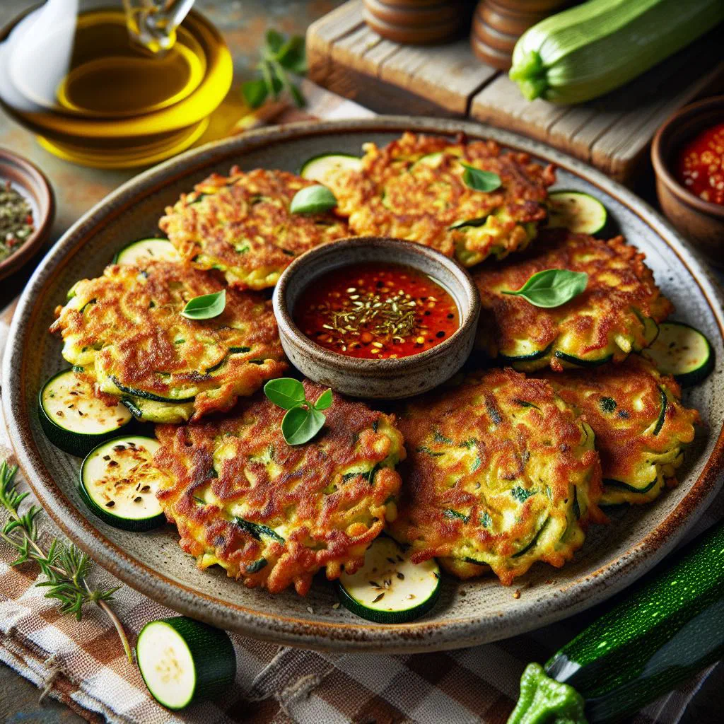 Crispy golden courgette fritters stacked on a plate