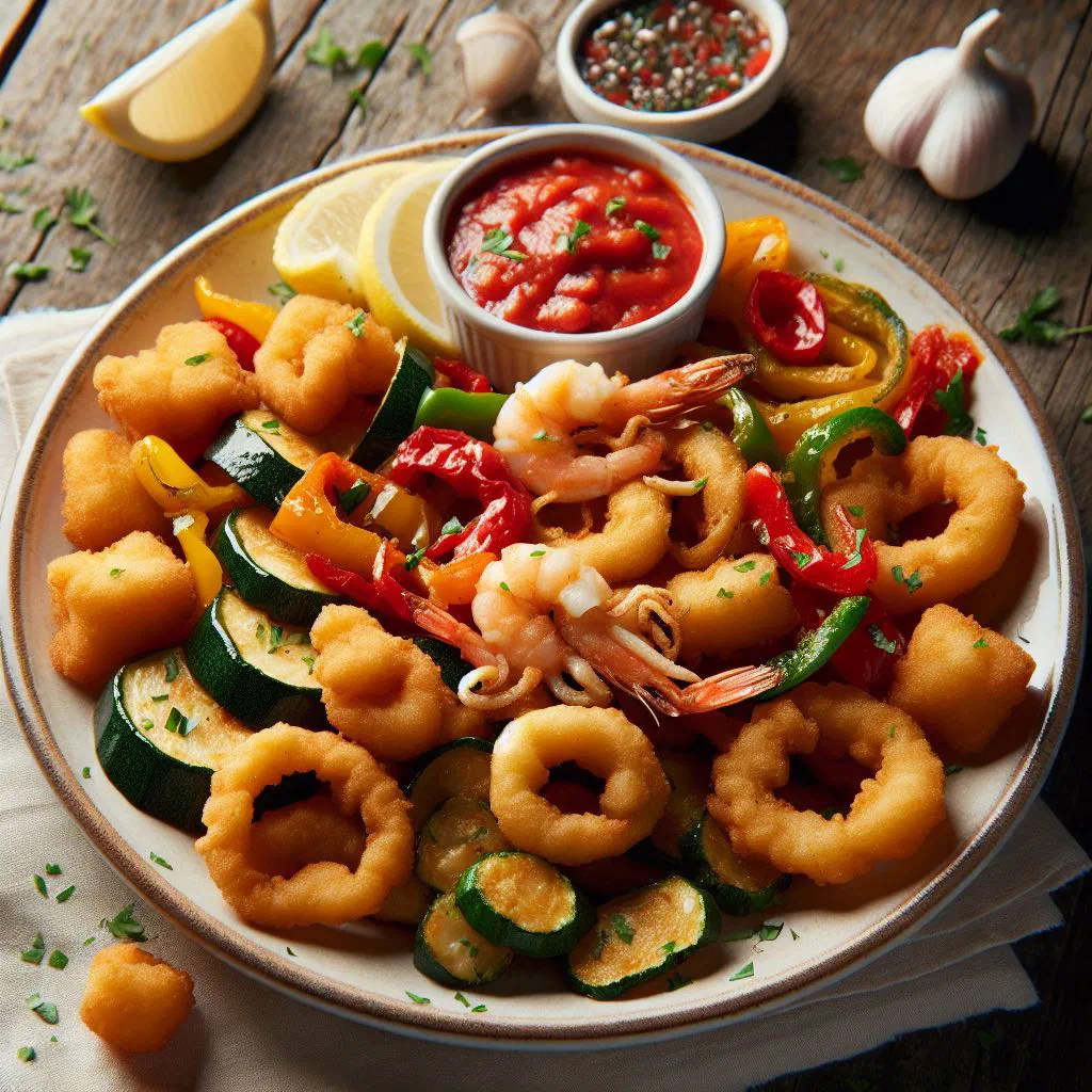 Golden, crisp fried seafood served with lemon wedges and parsley