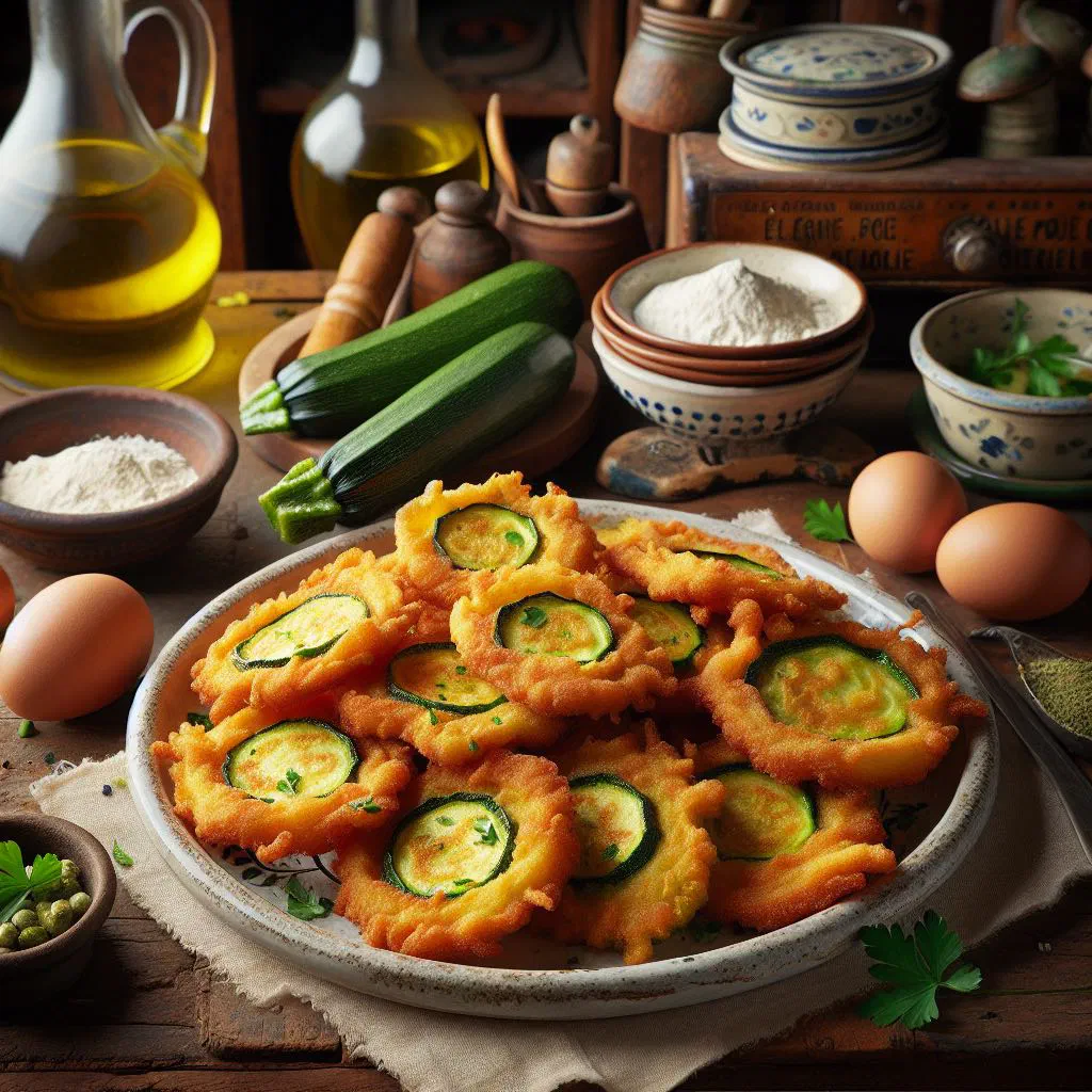 Golden, crispy fried courgette slices served with a dip and lemon