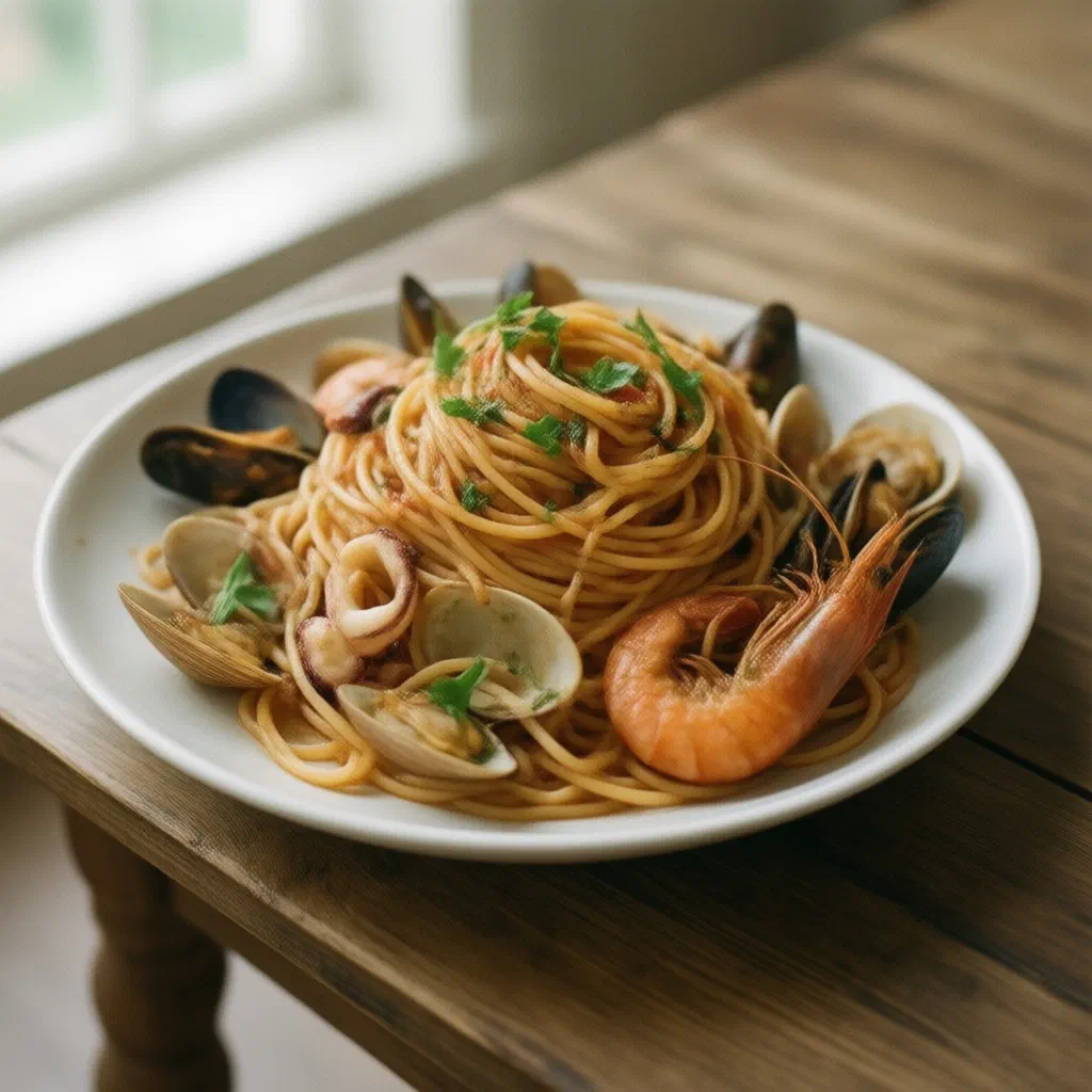 Frutti di mare with prawns, squid and mussels in a tomato and white wine sauce