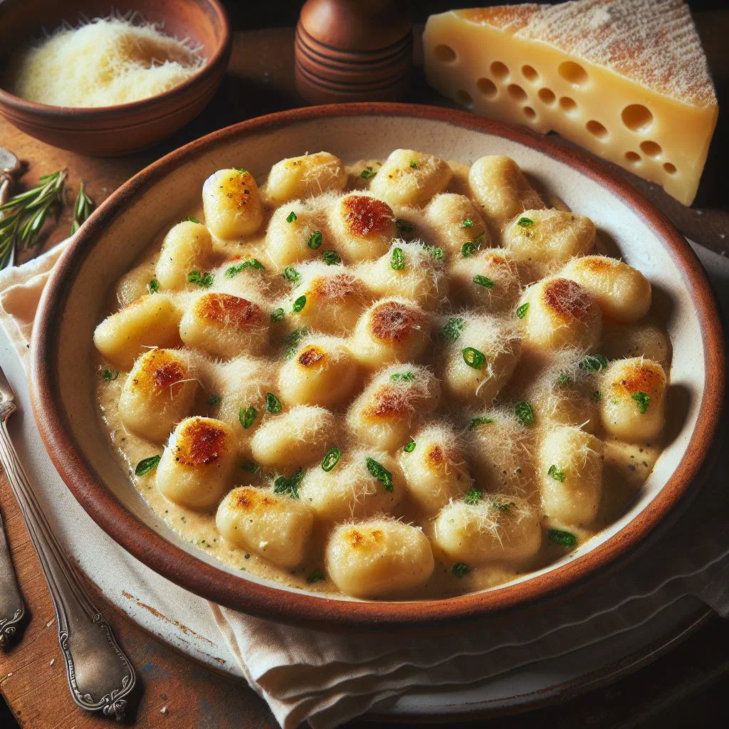 Golden baked semolina gnocchi alla romana in a dish, topped with melted Parmesan