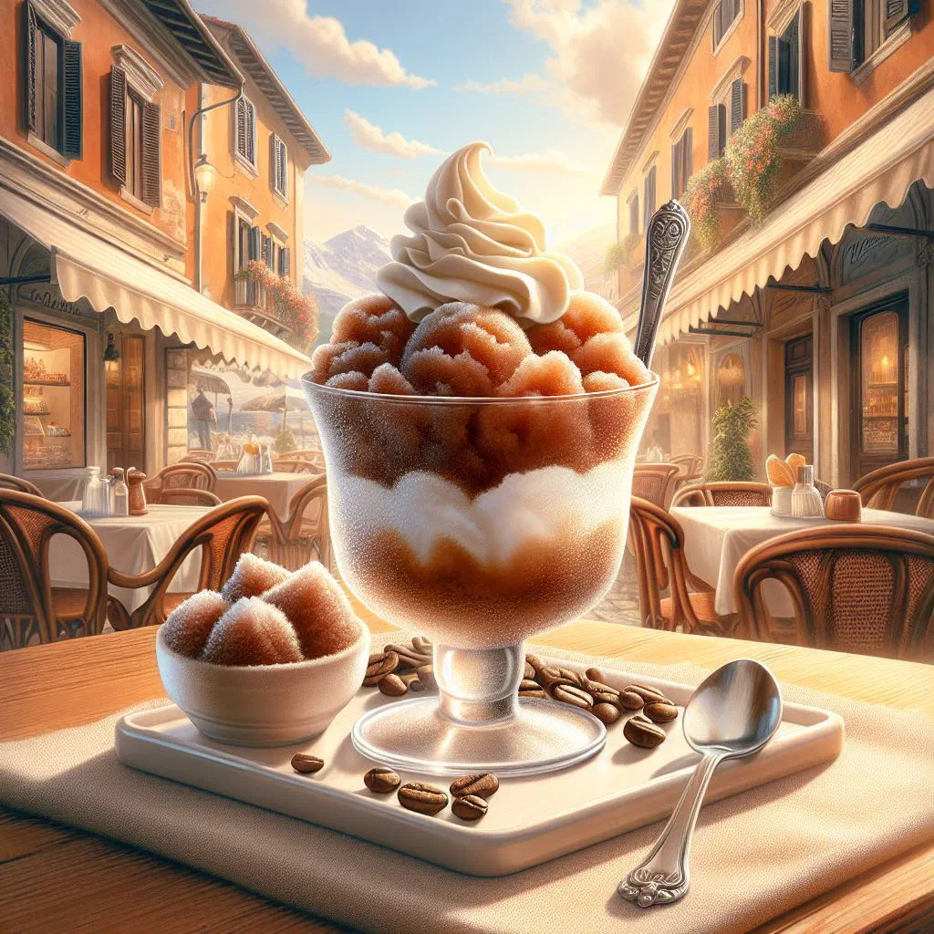 Coffee granita served in a glass, topped with shaved ice and chocolate