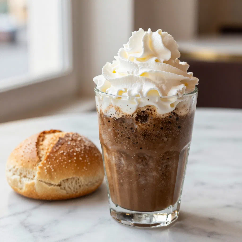 Coffee granita served in a glass, topped with shaved ice and chocolate