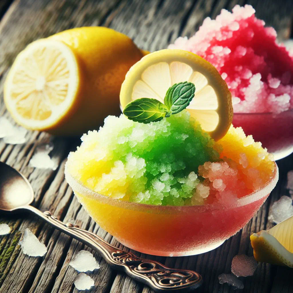 A glass of Sicilian granita topped with fresh mint leaves