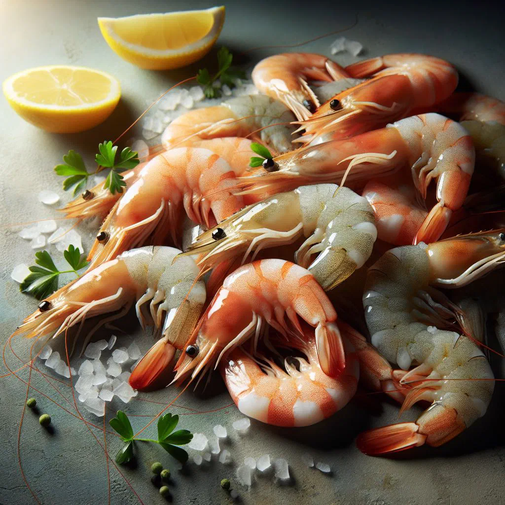Grilled king prawns with lemon and fresh herbs on a platter
