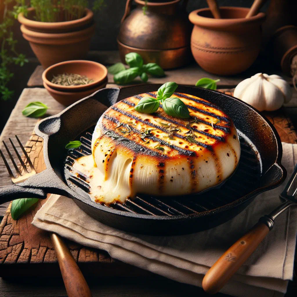 Slices of golden grilled scamorza cheese garnished with fresh herbs