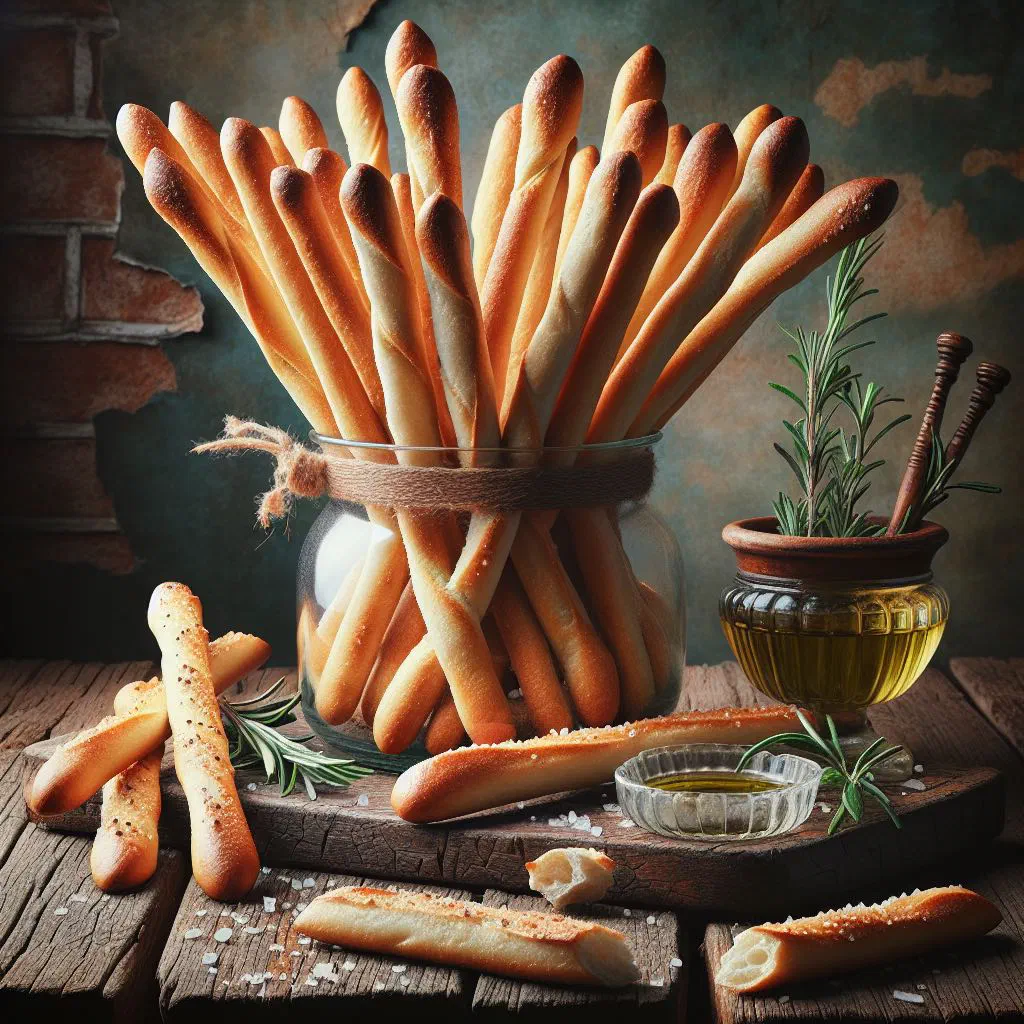 Crisp golden grissini breadsticks arranged in a tall glass