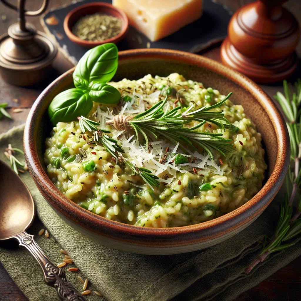 Creamy herb risotto garnished with fresh green herbs and grated cheese