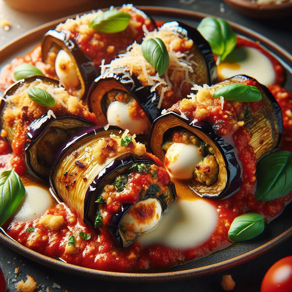 Baked aubergine rolls filled with ricotta in tomato sauce, topped with melted mozzarella