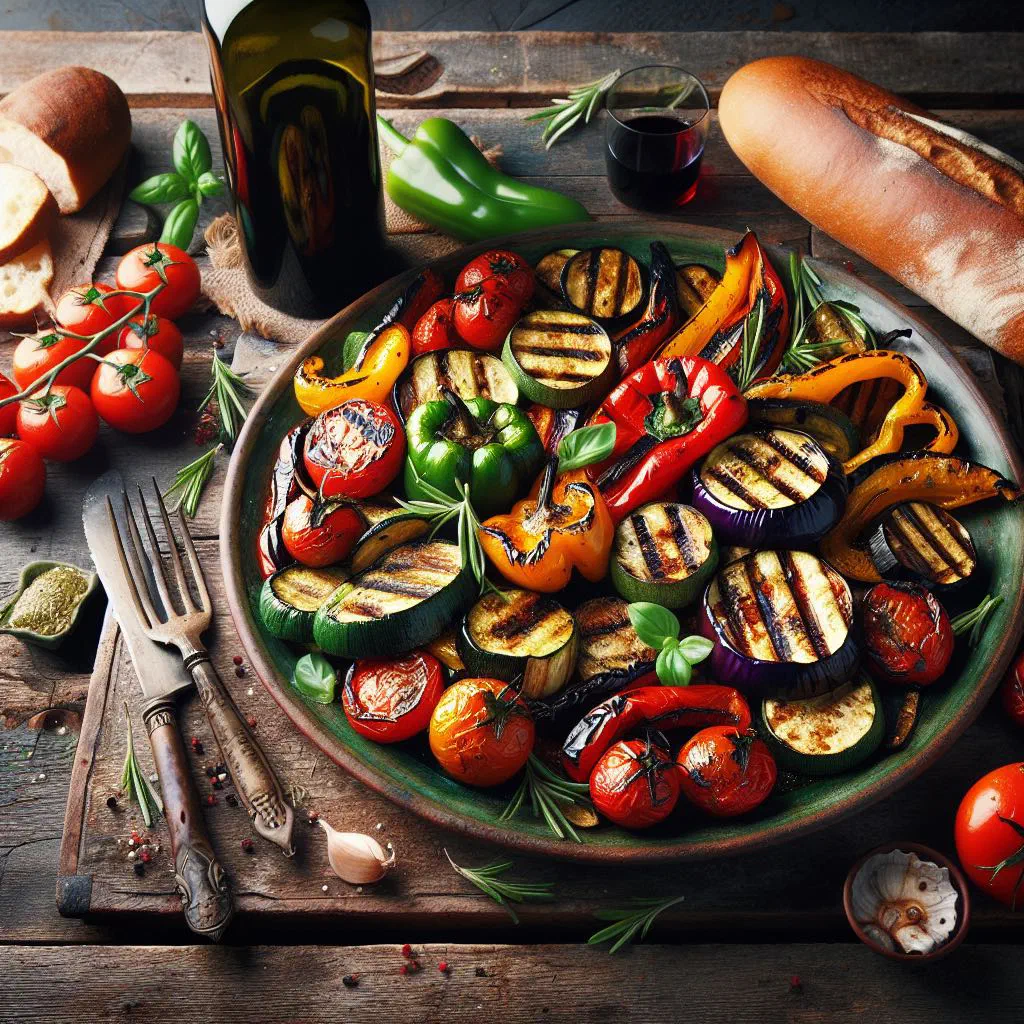 Platter of Italian-style grilled aubergine, courgette and peppers with fresh herbs