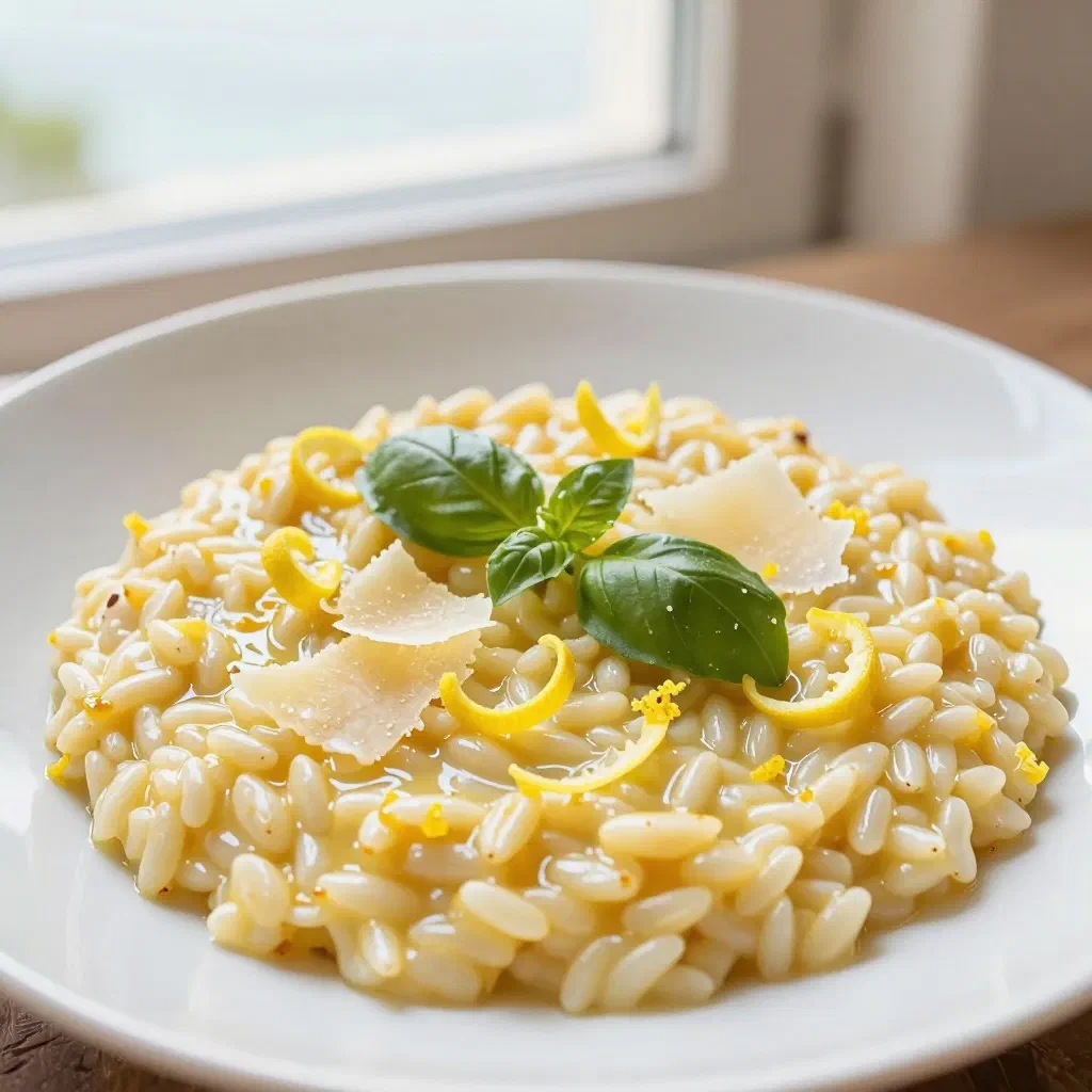 Creamy lemon risotto garnished with fresh herbs and parmesan
