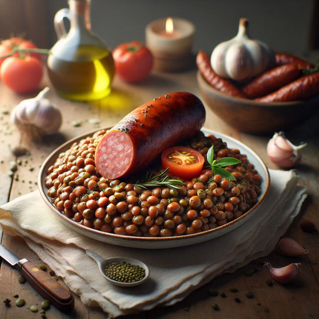 Stewed lentils served with sliced cotechino sausage