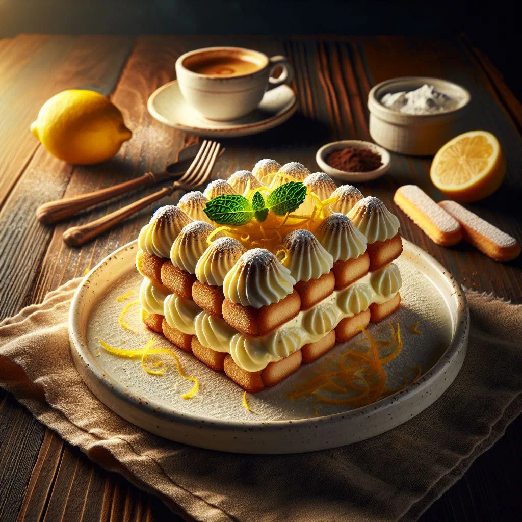 Limoncello tiramisu layered in a glass, dusted with lemon zest and mint