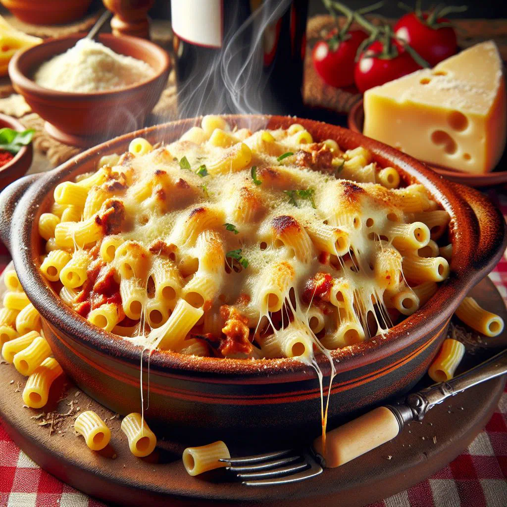 Baked maccheroni al forno with golden melted cheese in a dish