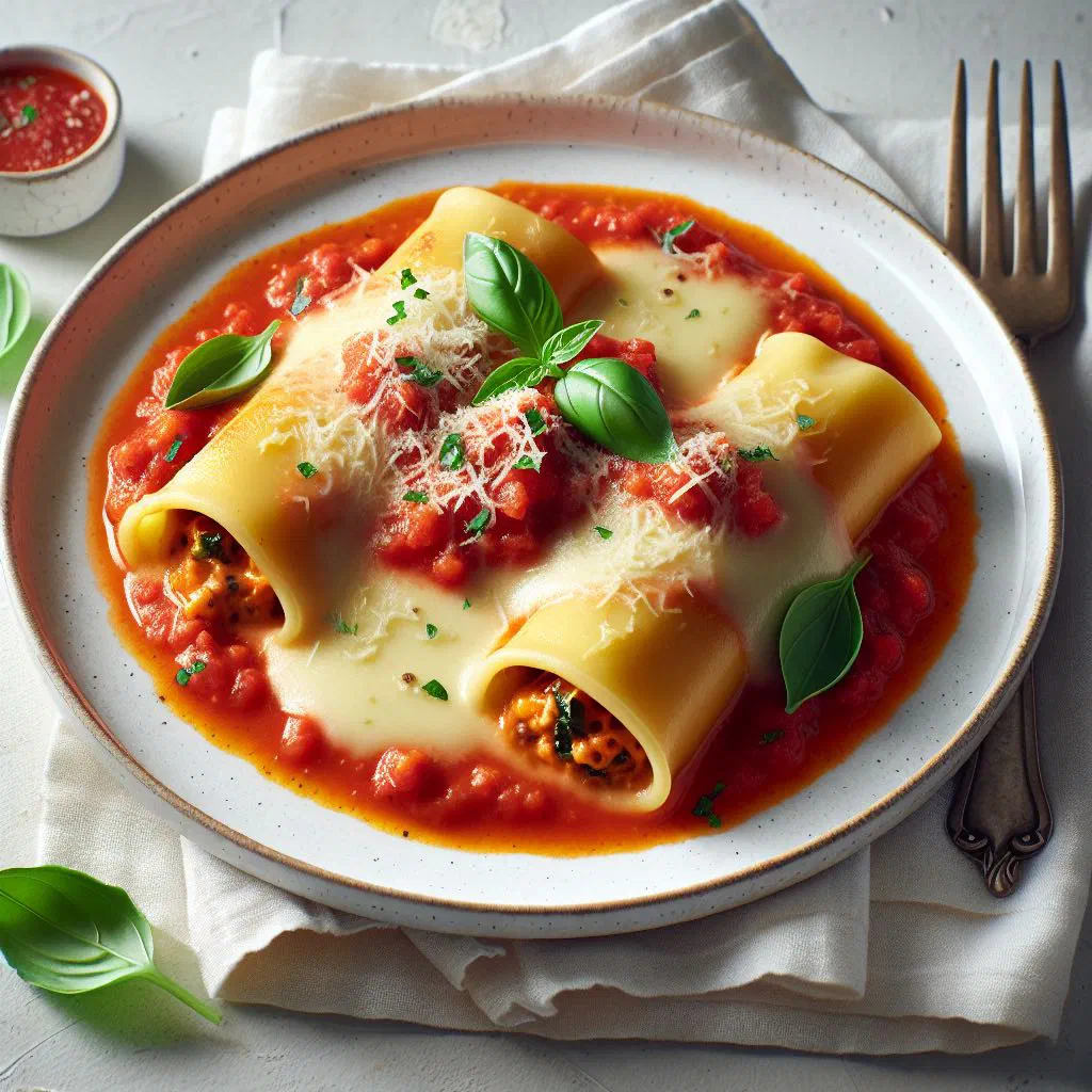Baked meat cannelloni in tomato sauce topped with parmesan and basil