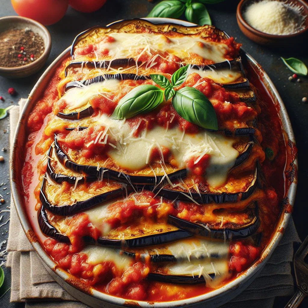 Baked melanzane alla parmigiana with layers of aubergine, tomato sauce and melted cheese garnished with basil