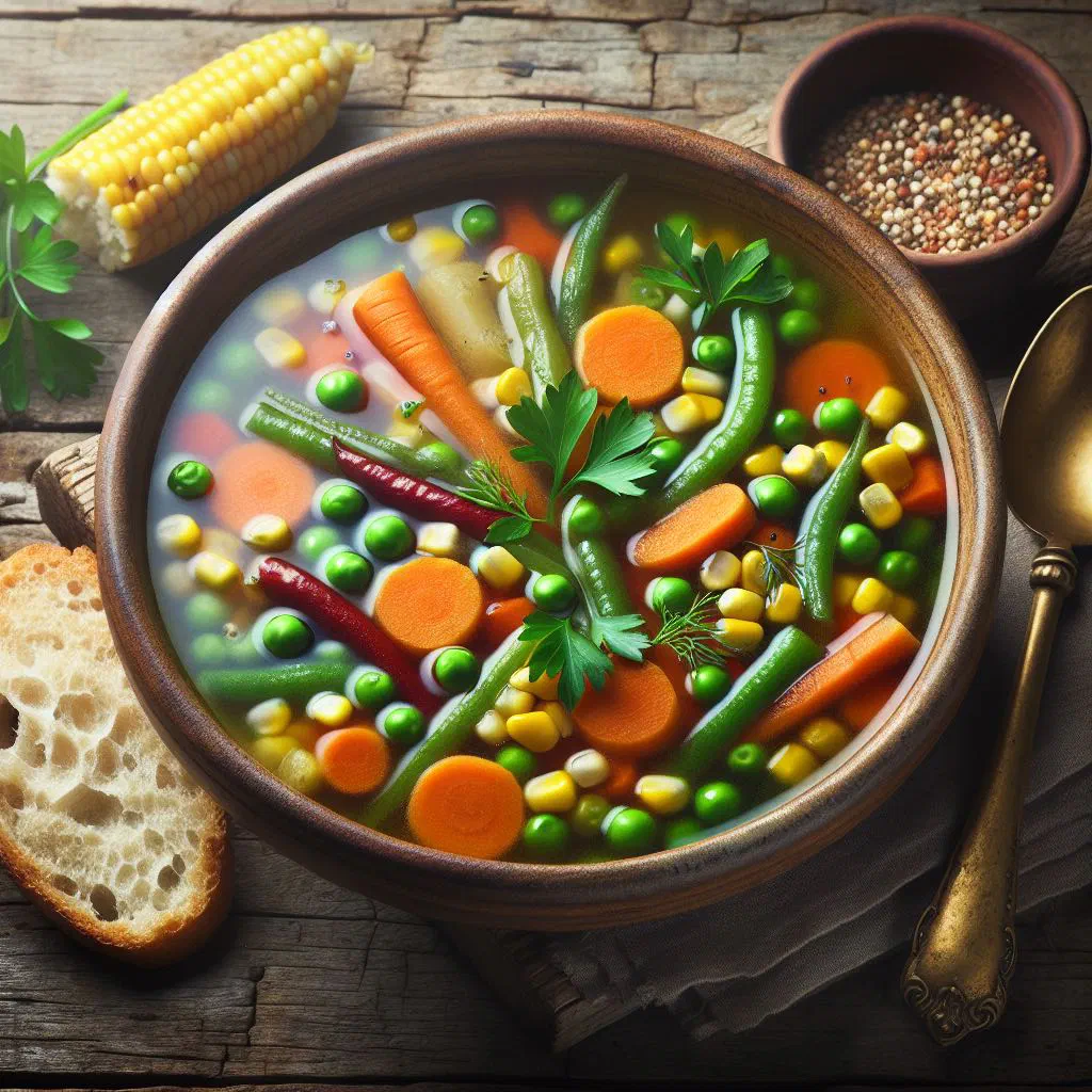 A bowl of minestrone soup with vegetables, white beans and small pasta