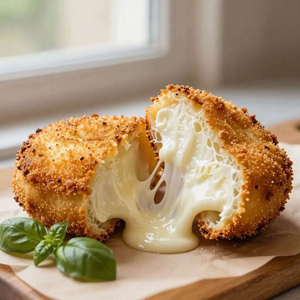 Golden fried mozzarella in carrozza cut into triangles on a plate