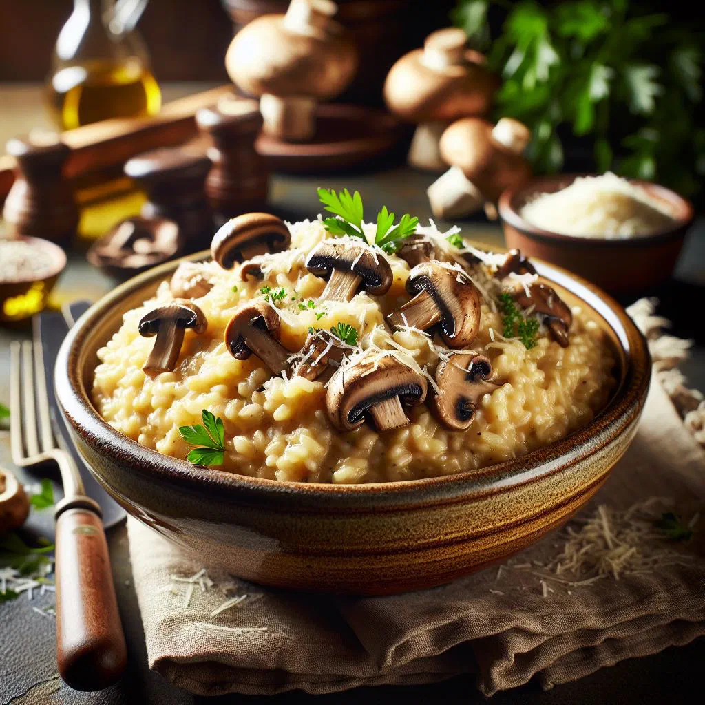 Creamy mushroom risotto garnished with herbs in a deep bowl