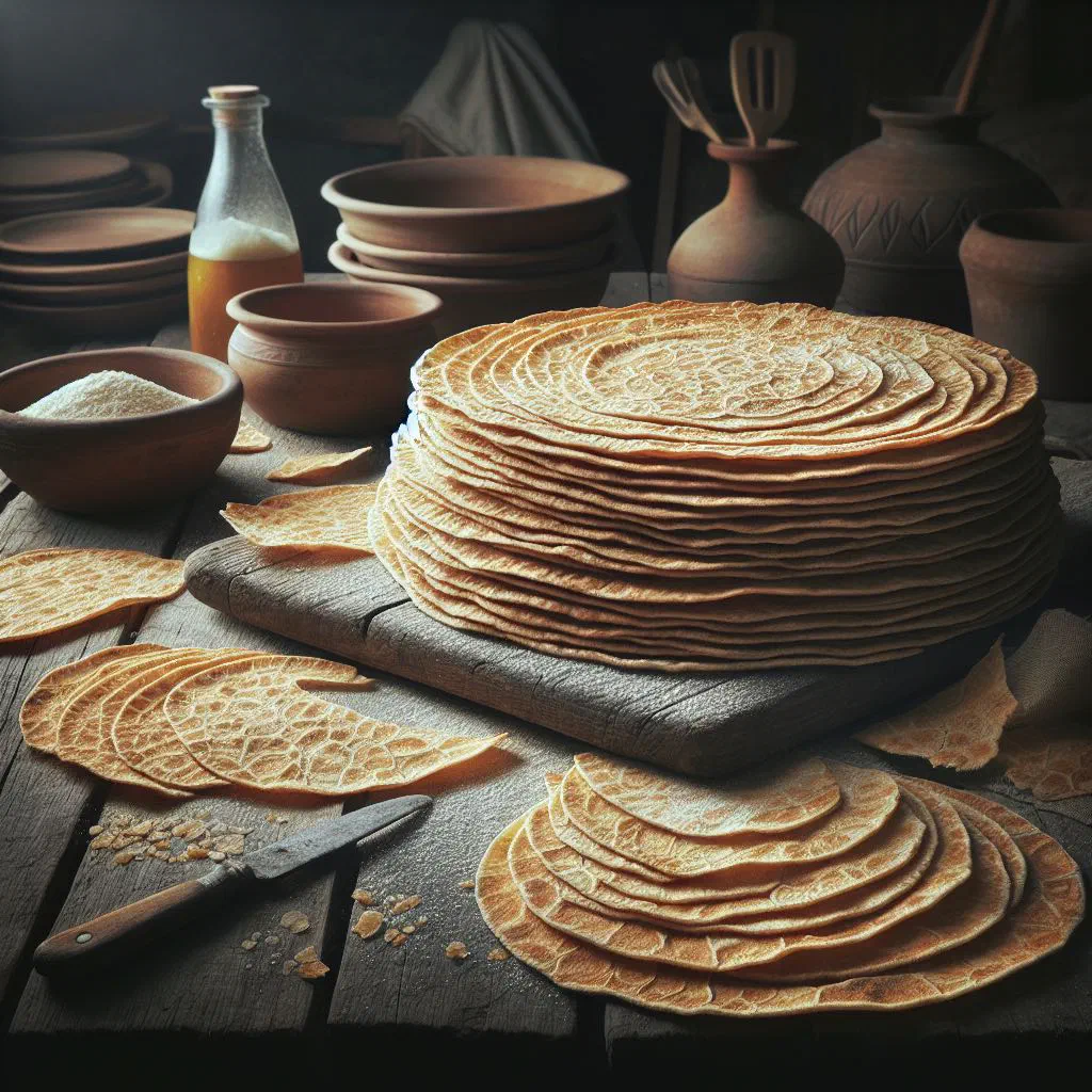 Thin, crisp rounds of Sardinian pane carasau flatbread stacked on a wooden board