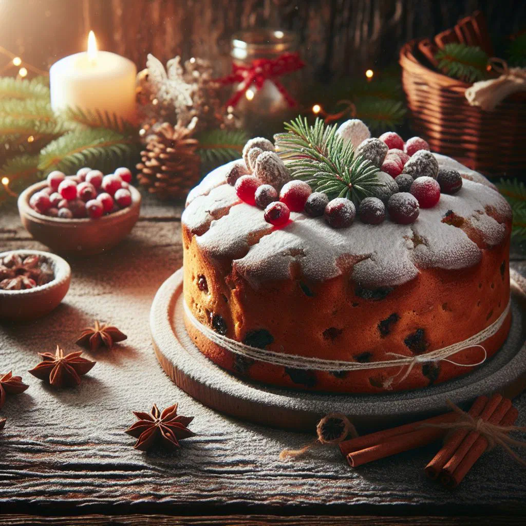 Tall dome-topped panettone dusted with icing sugar, sliced to show candied fruit