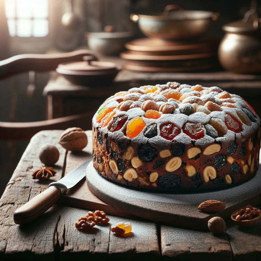 Slice of panforte di siena dusted with icing sugar