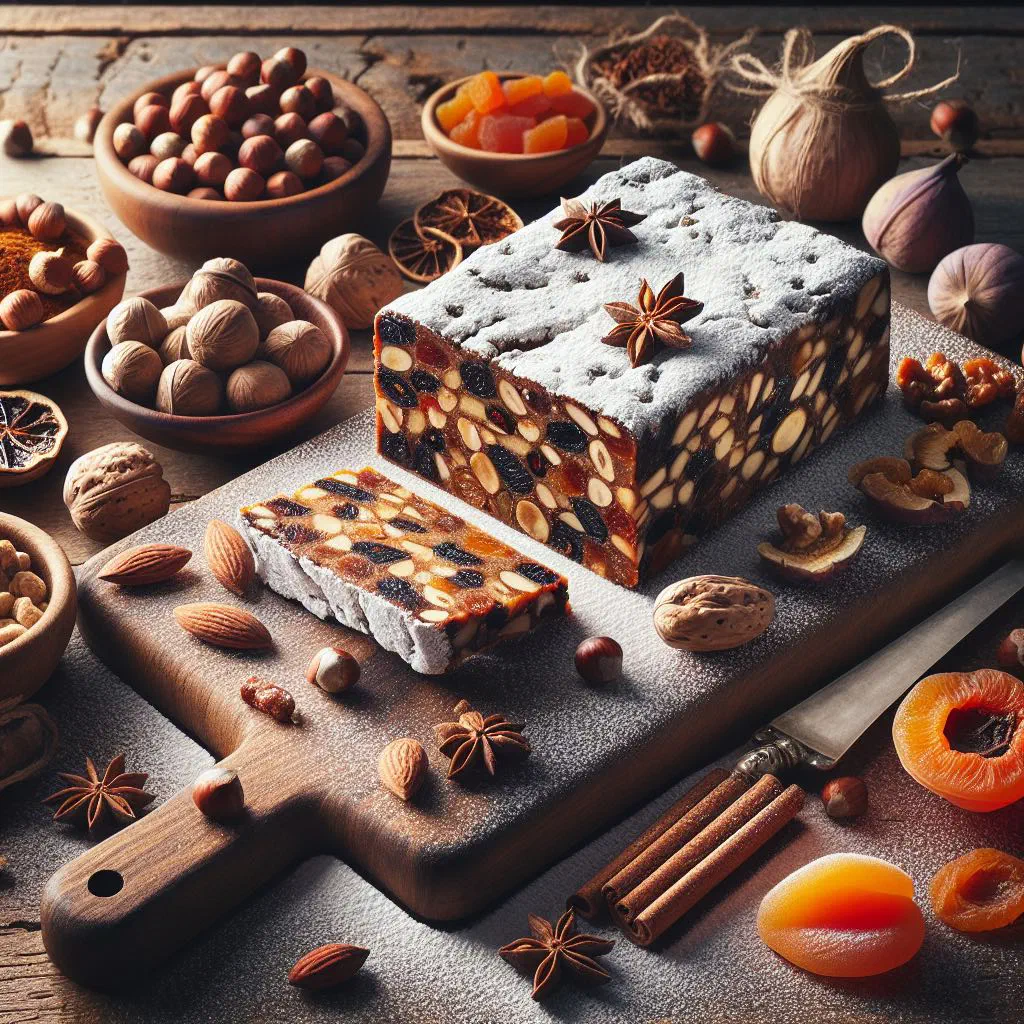 A dense round panforte studded with nuts and dried fruit, dusted with icing sugar