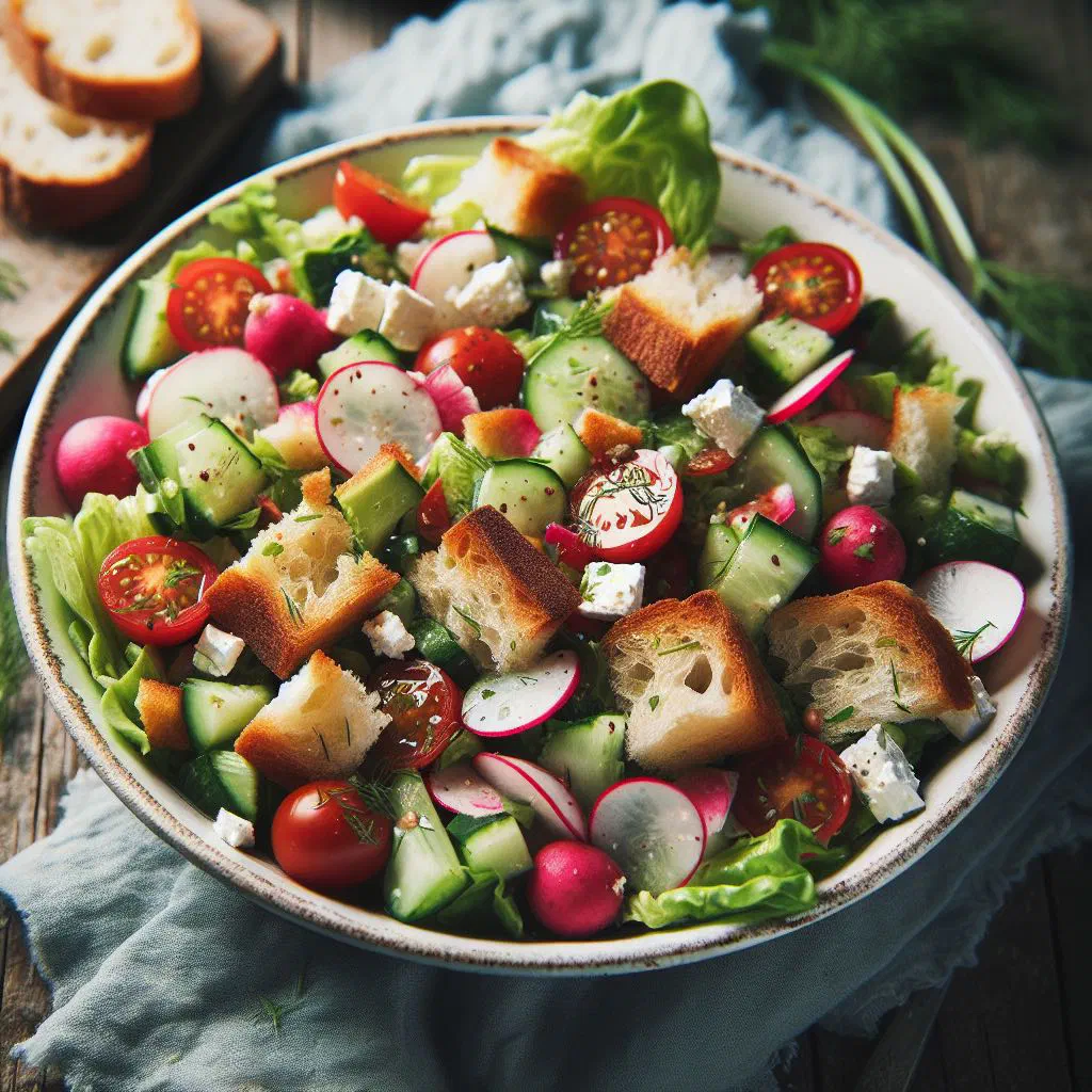 Tuscan panzanella bread salad with tomatoes, cucumber, red onion and basil