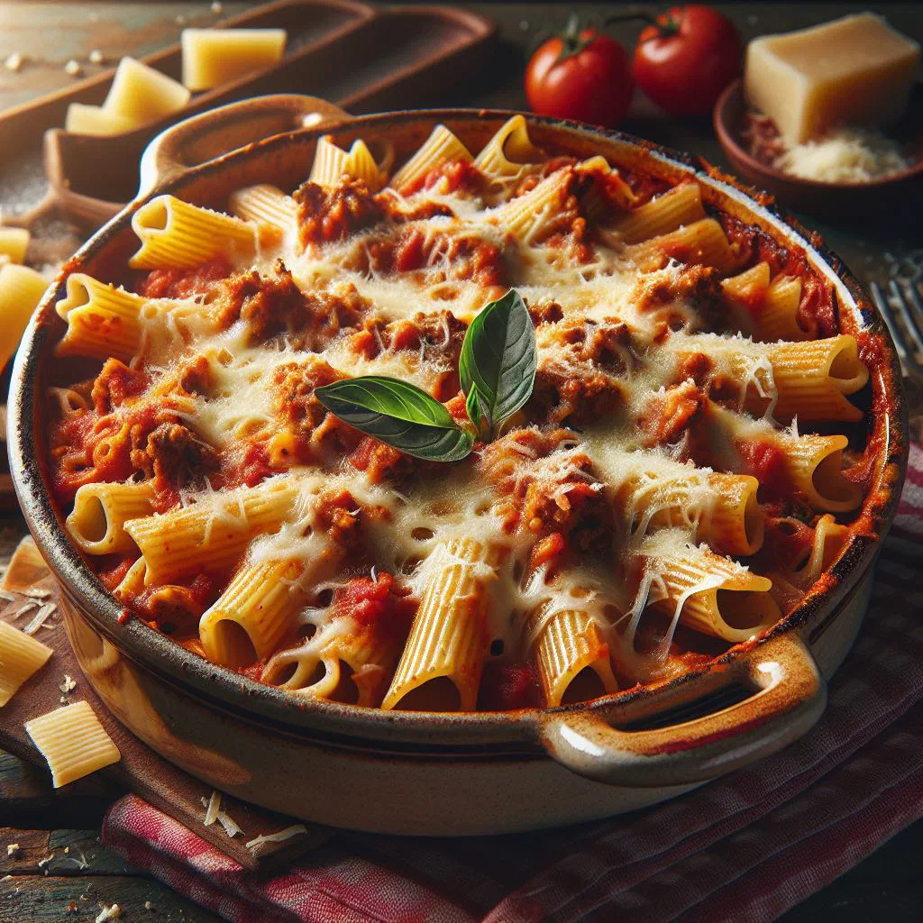 Baked pasta al forno with golden melted cheese in a dish